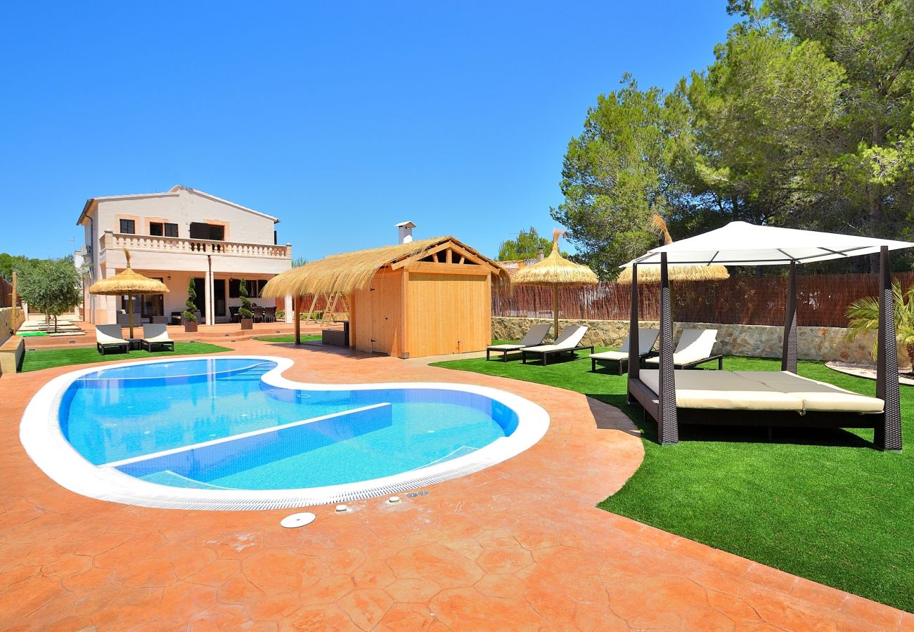 piscine, lit balinais, chaise longue, barbecue, jardin, vert, bleu 